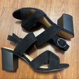 Black faux suede block heel sandals